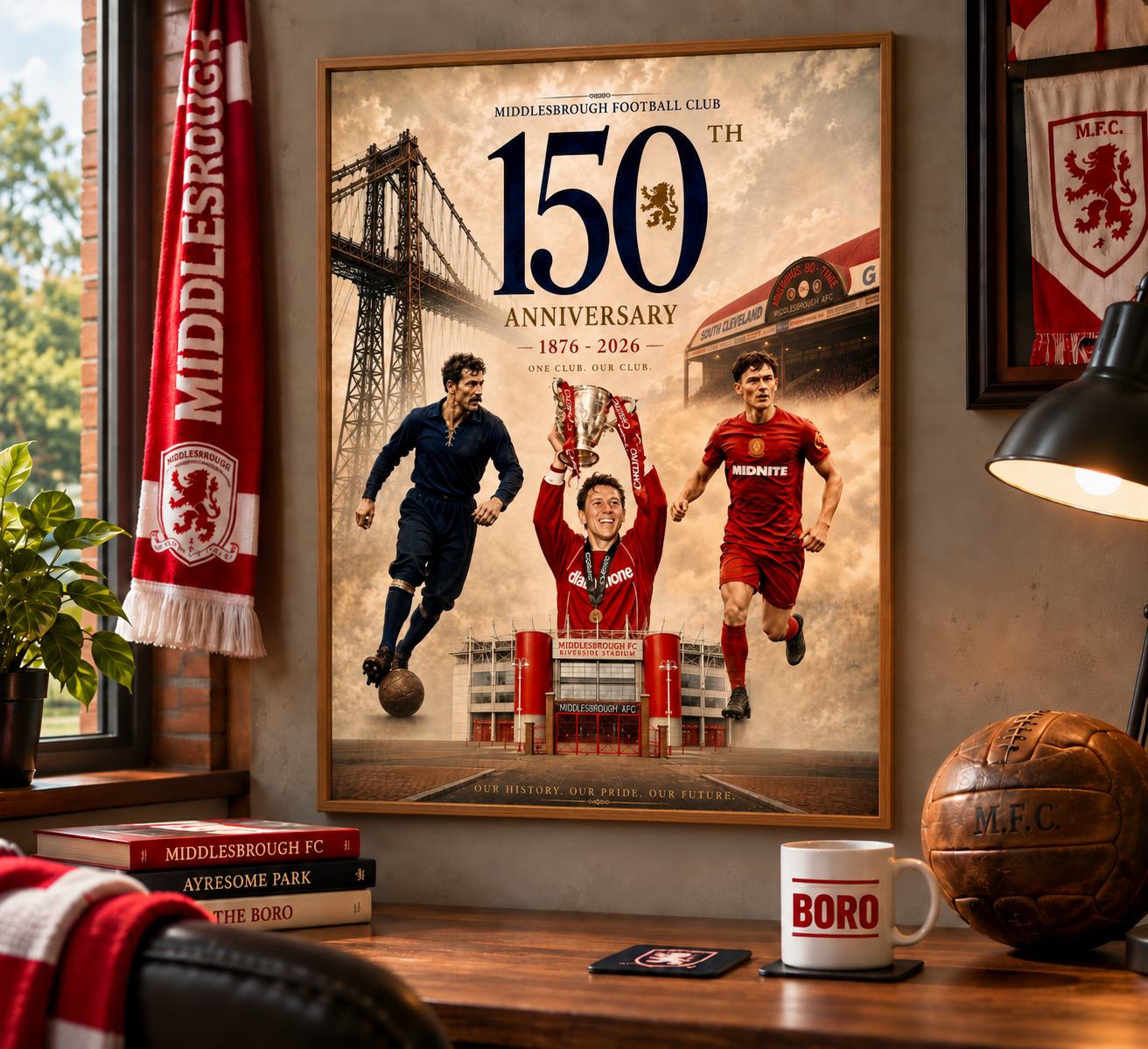 Middlesbrough commemorative print in a thin oak frame in a warm room